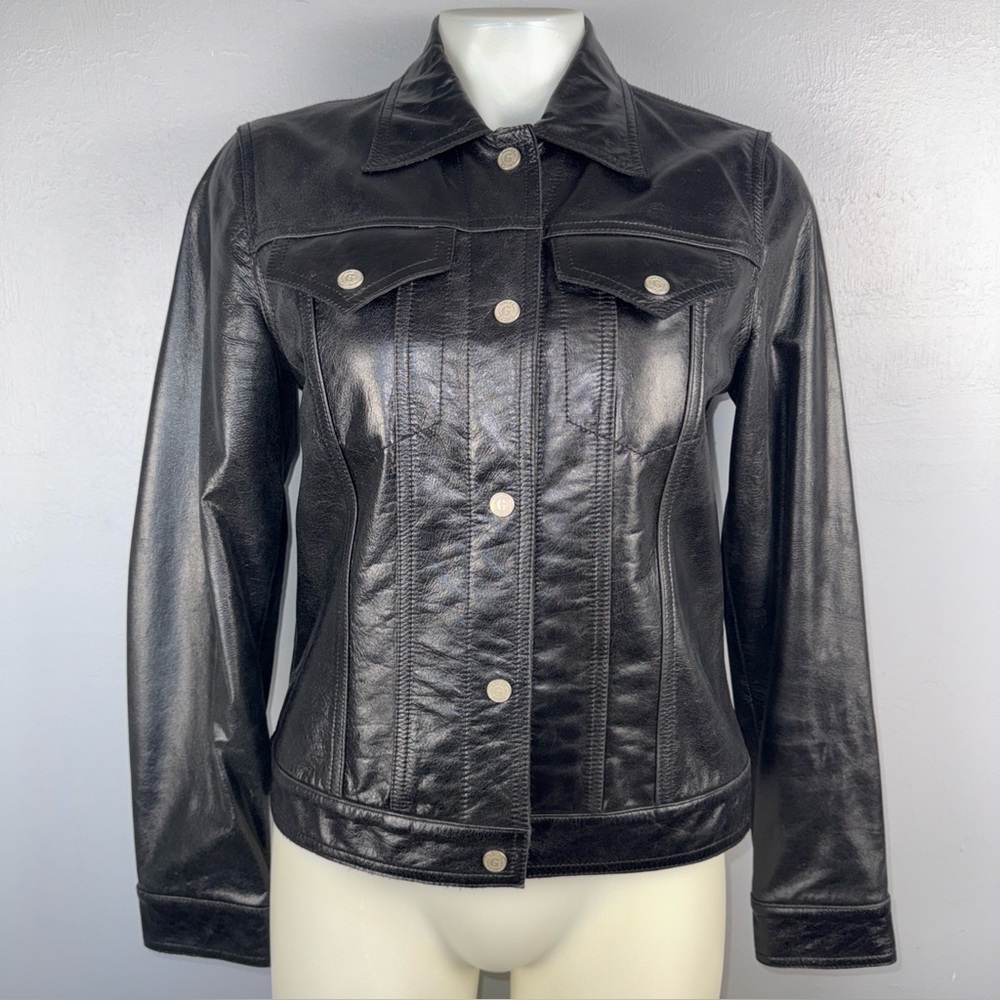 GUESS Jacket Women’s S Black Genuine Leather 5-Snap Button Front Trucker *READ